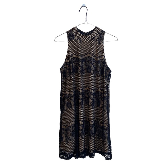 XHILARATION BLACK/TAN MINI DRESS WITH OPEN BACK AND LACE DETAILING, SIZE MEDIUM - Picture 1 of 5